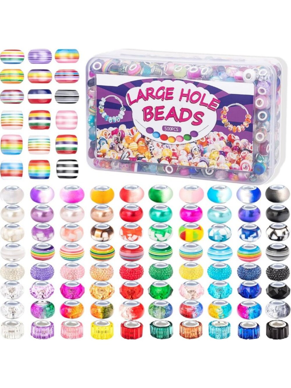 500 Pcs Large Hole Craft Beads - Assorted Color Lampwork Spacer Beads for DIY